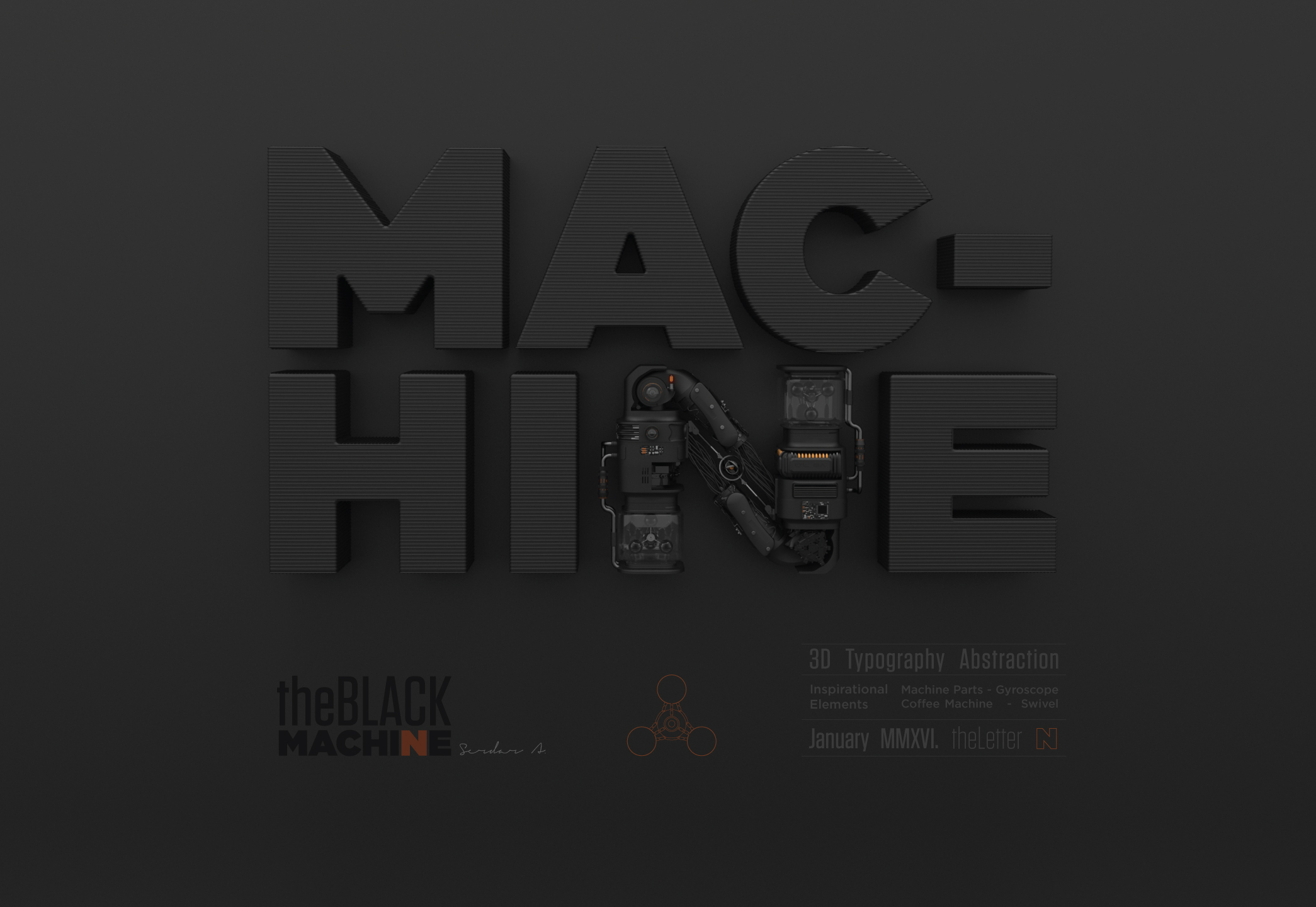 Dark typographic poster spelling Machine with dimensional lettering