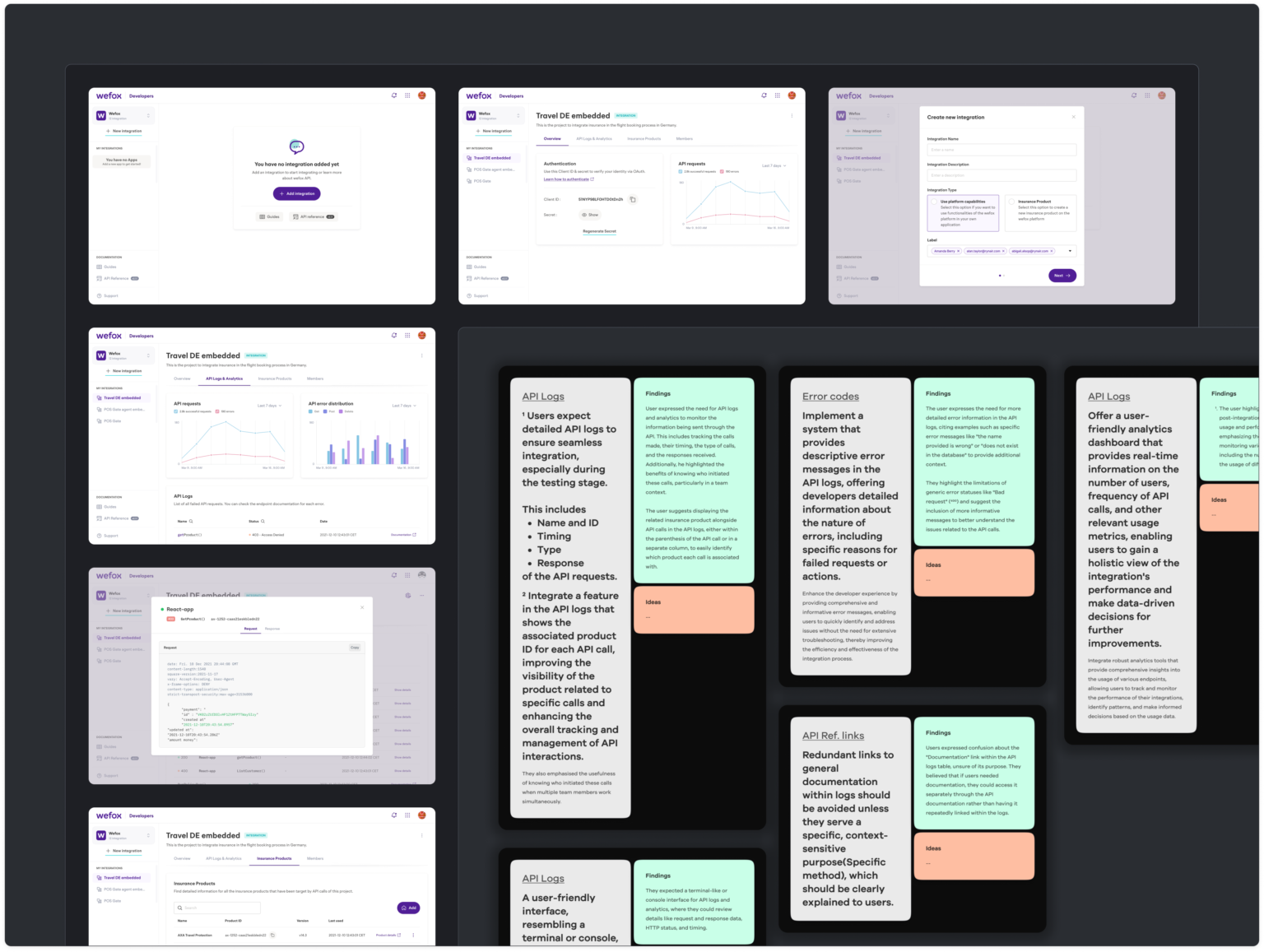 Developer Hub design board with API dashboards, package settings, and research notes