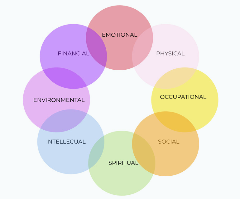 Eight dimensions of wellness: emotional, physical, occupational, social, spiritual, intellectual, environmental, and financial