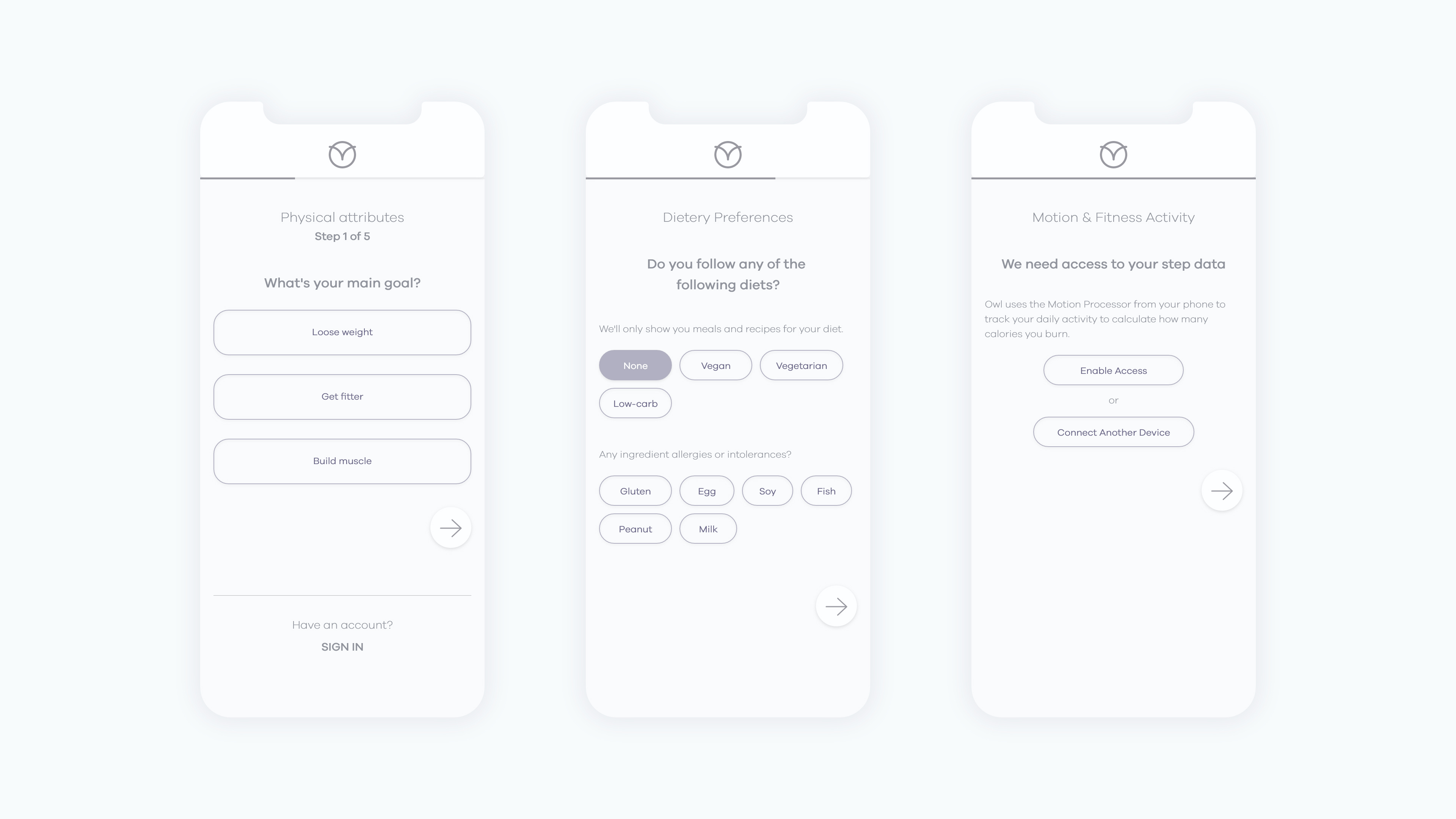 Three Owl onboarding wireframes for personal details and food preferences