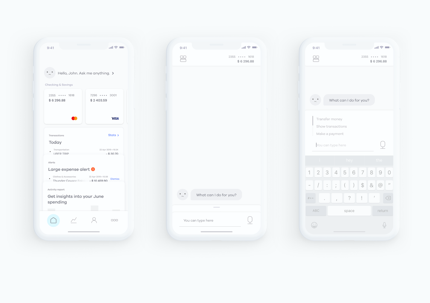 Prismo account dashboard, voice assistant, and text conversation screens